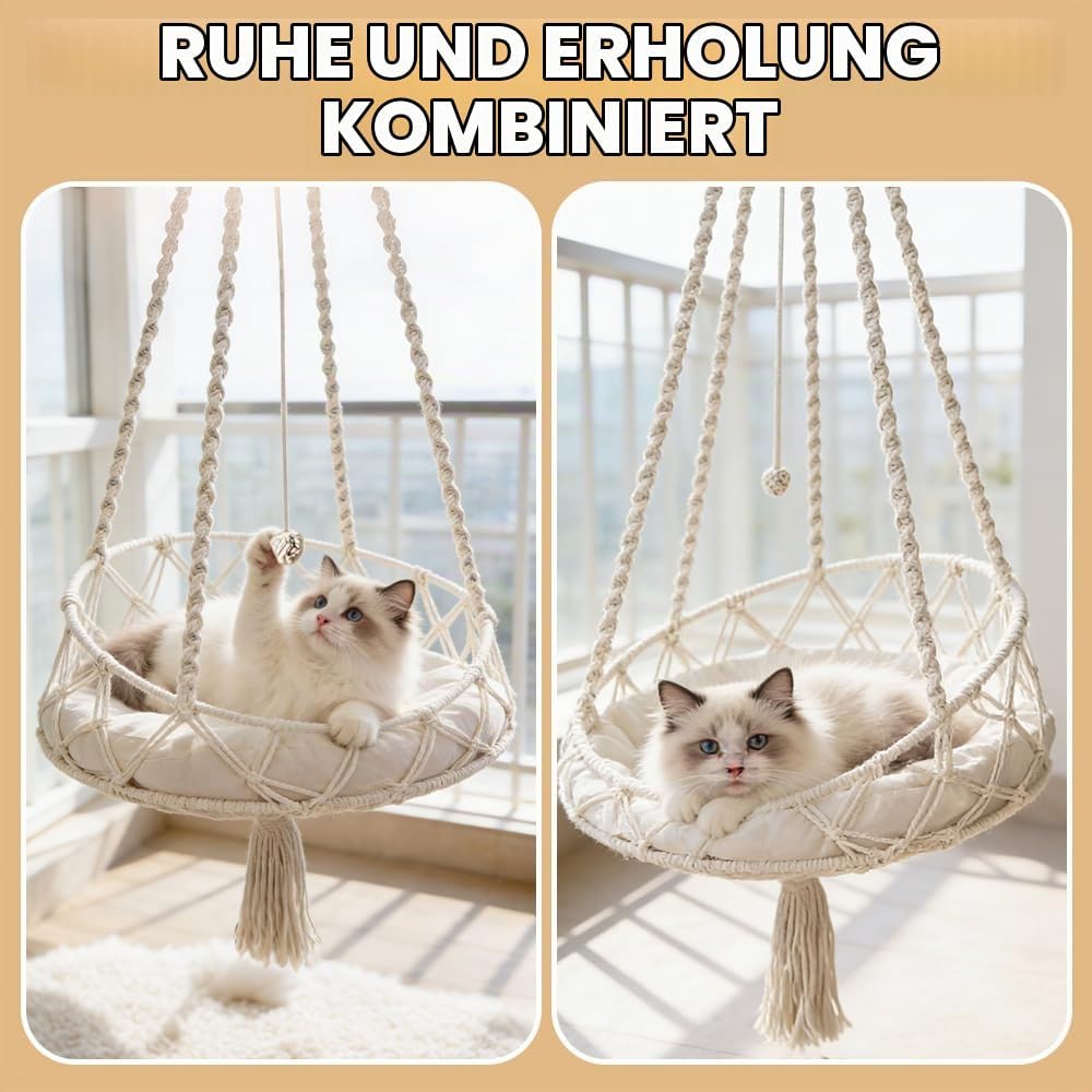 Katzenschaukel, HOVCEH Boho Makramee Katzen Hängematte mit Katzenspielzeug-Stick, 40cm Katzenhängema