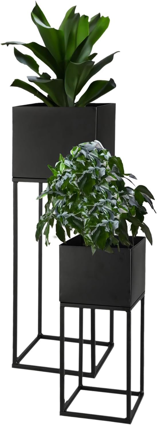 Spetebo Metall Blumentopf Ständer 2er Set schwarz für Aussen - 58 / 37 cm - Garten Pflanzsäule mit i