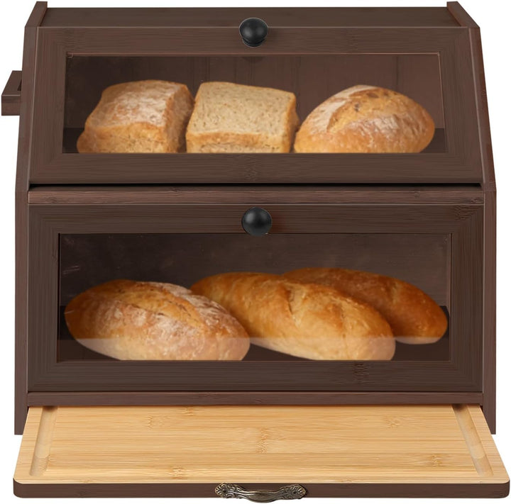 HUOLE Brotkasten aus Bambus mit 2 Etagen - Küchenorganizer, Aus Holz - Mit Sichtfenster und Magnetve