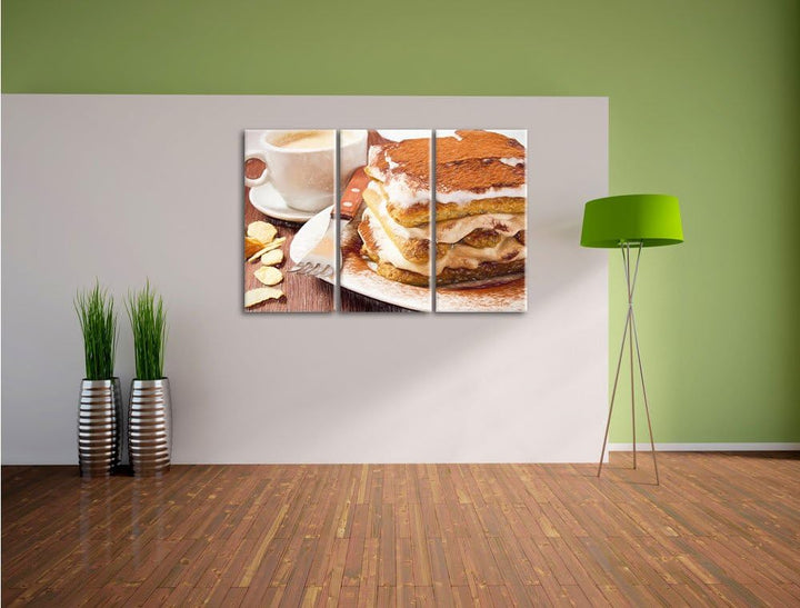 Pixxprint Leckeres Dessert mit Kaffee als Leinwandbild/Grösse: 3 Teilig (120x80) cm/Wandbild/Kunstdr