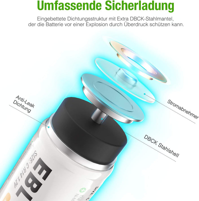 EBL Baby C Akku 5000mAh - NI-MH wiederaufladbare Batterie 4er Pack mit Aufbewahrungsbox, 1,2V Typ C