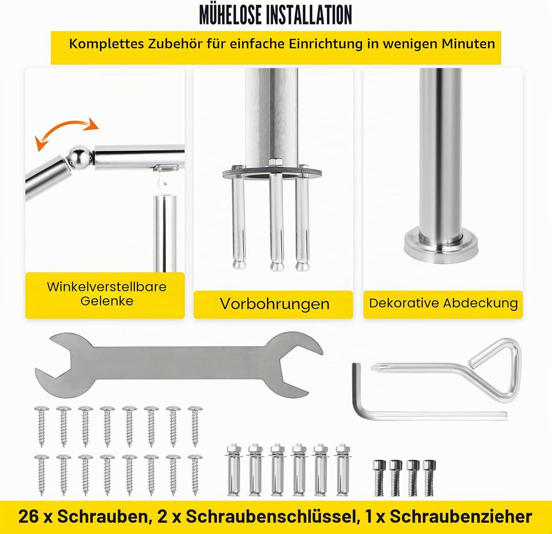 Happybuy Treppengeländer 5 Stufen, Hauseingang Handlauf Edelstahl mit Pfosten, Verstellbare Eingangs