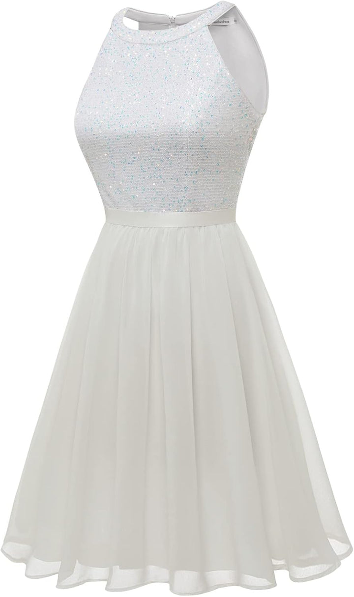 Bbonlinedress Paillettenkleid Damen elegant Neckholder festliches Glitzer Kleid jugendweihes Cocktai