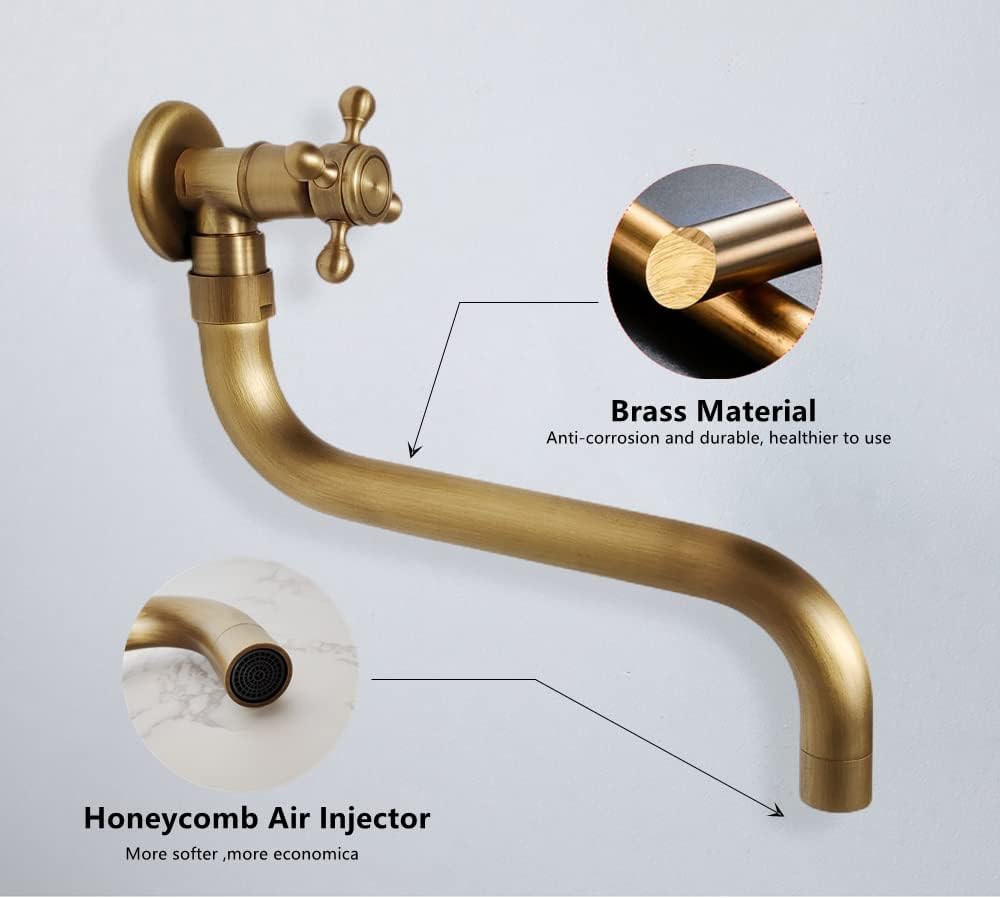 NIUKOMY Vintage Wasserhahn Messing Antike, Garten Kaltwasserhahn Wandmontage Lang, 360° Drehbar Einh