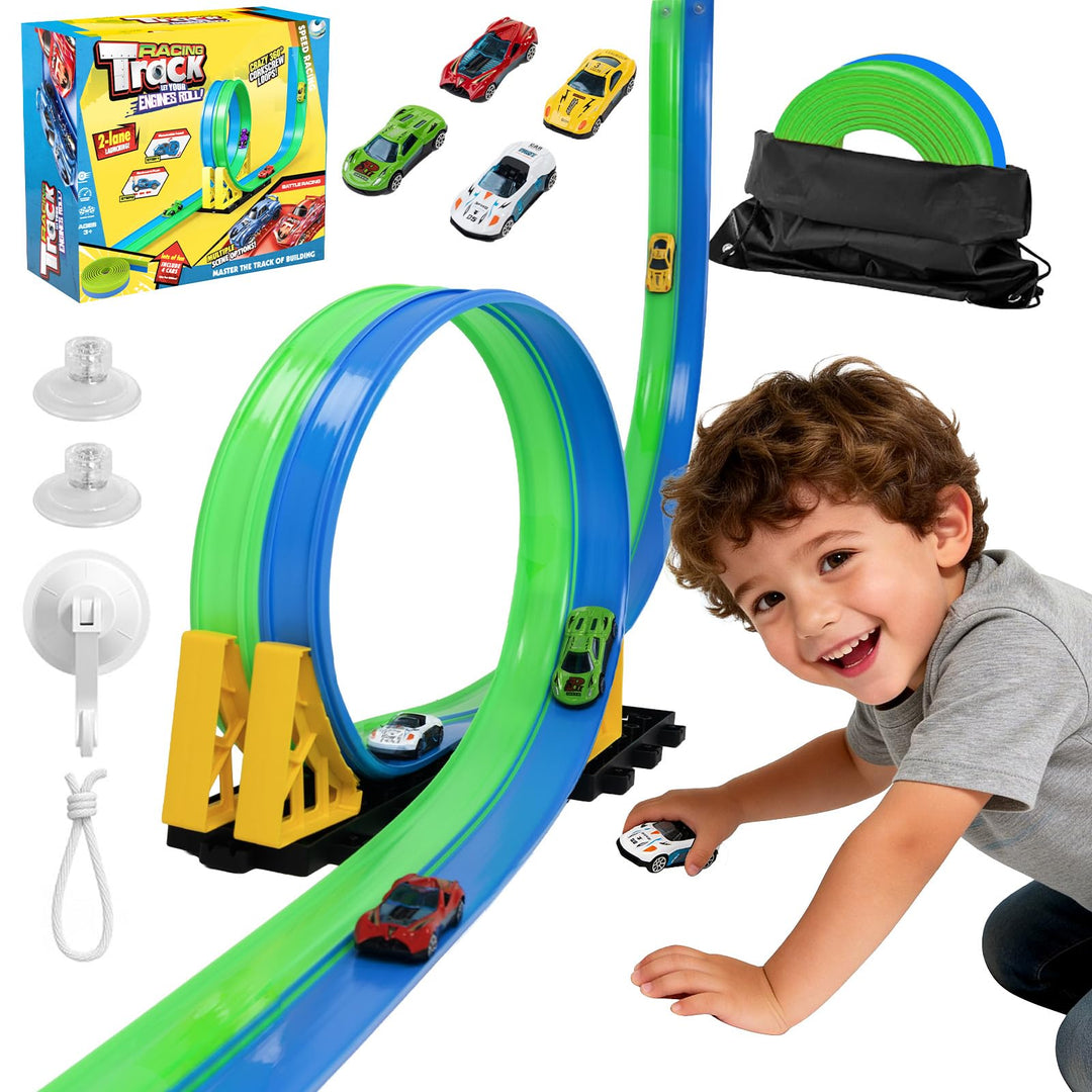 Flexible Autorennbahnen Kinder, 4.5M Rennbahn Inklusive 4 Autos, Tragbare Dual-Rennstrecke mit Rampe