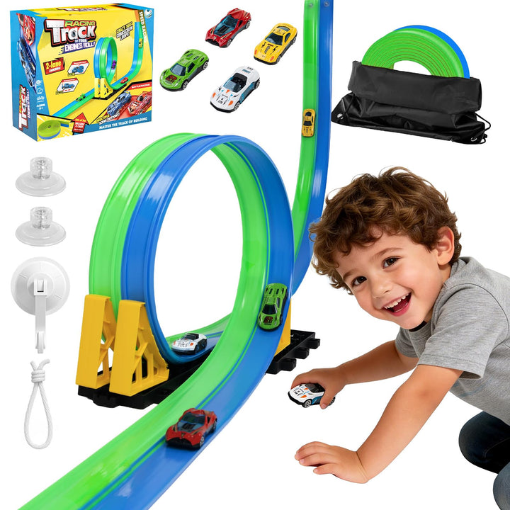 Flexible Autorennbahnen Kinder, 4.5M Rennbahn Inklusive 4 Autos, Tragbare Dual-Rennstrecke mit Rampe