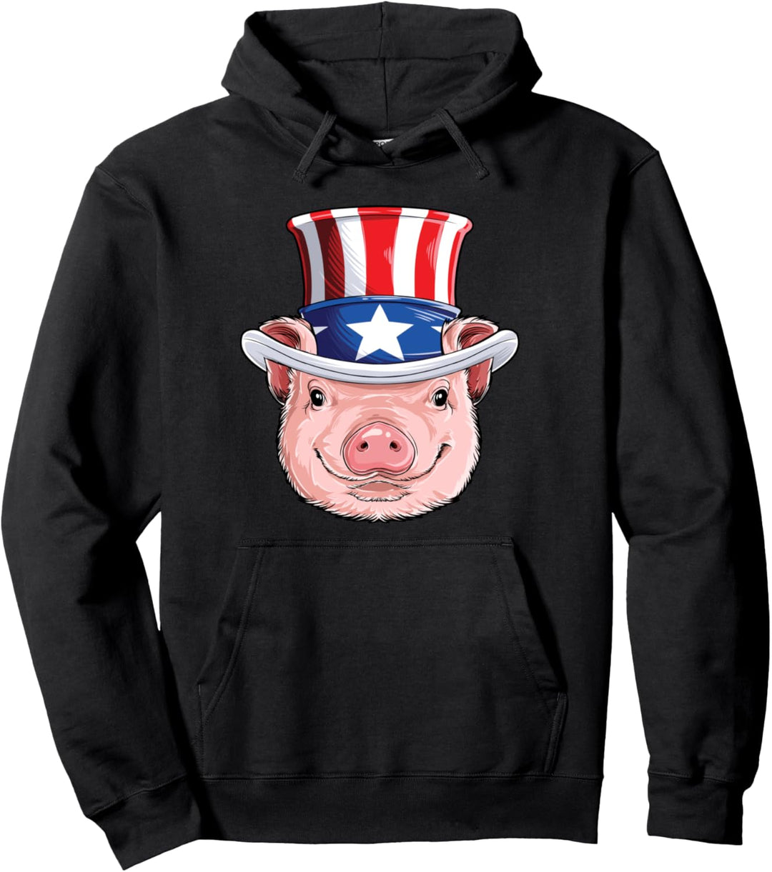 Pig 4th of July Uncle Sam Men Women USA American Flag Hat Pullover Hoodie