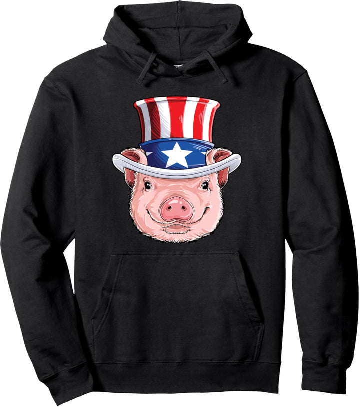 Pig 4th of July Uncle Sam Men Women USA American Flag Hat Pullover Hoodie