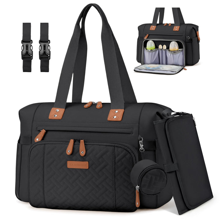 RAINSMORE Wickeltasche Kinderwagen mit Wickelunterlage und Schnullertasche Schwarz, Schwarz