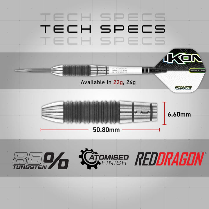RED DRAGON Ikon Signature Series Professionelles Wolfram Steeltip Dart Set mit Flights und Schäften