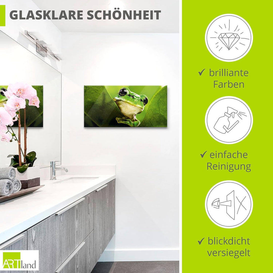 ARTland Glasbilder Wandbild Glas Bild einteilig 60x30 cm Querformat Natur Tiere Frosch Gesicht Laubf