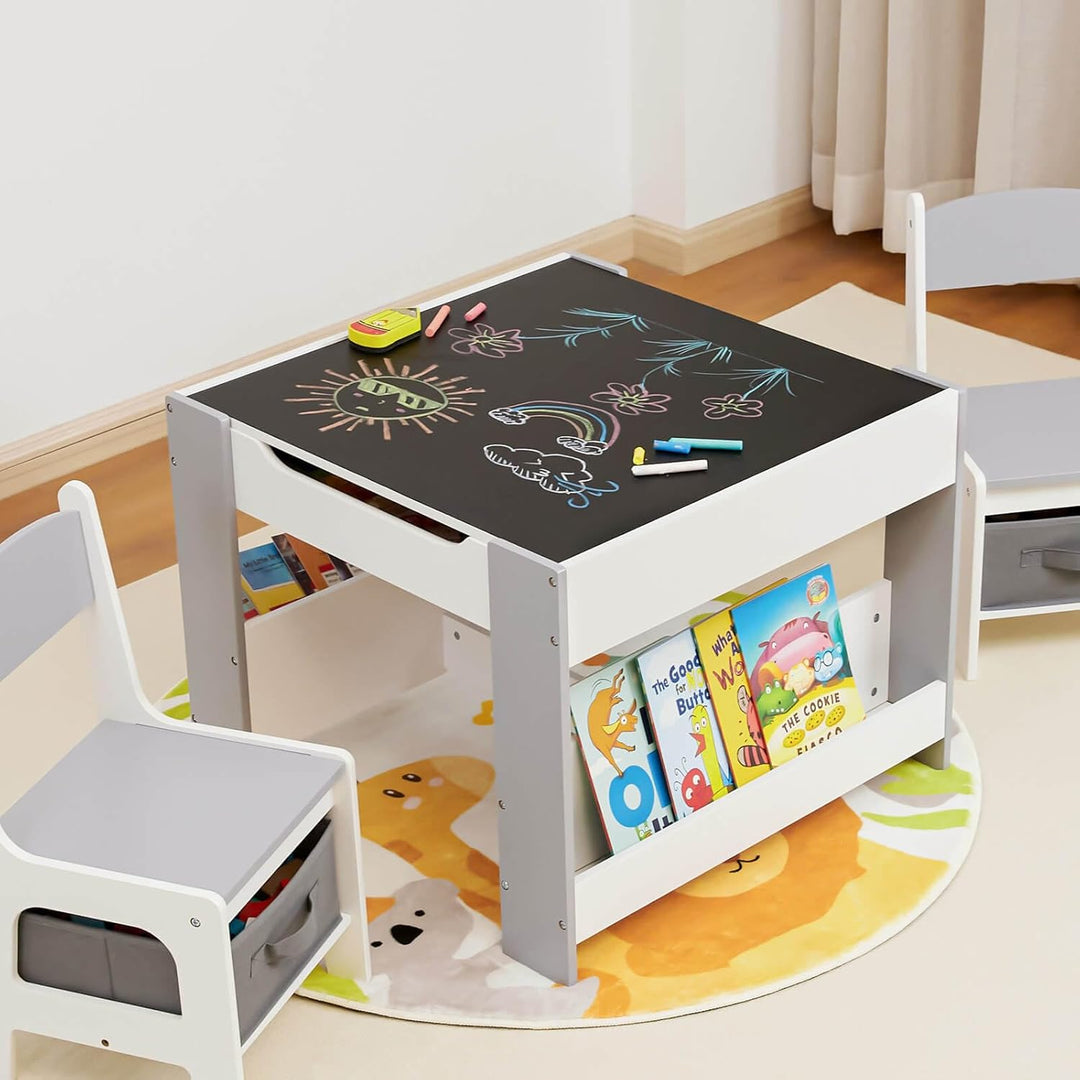 Yorbay Kindertisch mit 2 Stühle, Kindermöbel Set aus Holz mit Stauraum und Bücherregalen, 3 in 1 Mal