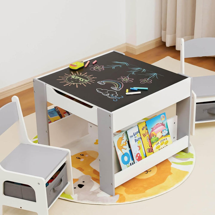 Yorbay Kindertisch mit 2 Stühle, Kindermöbel Set aus Holz mit Stauraum und Bücherregalen, 3 in 1 Mal