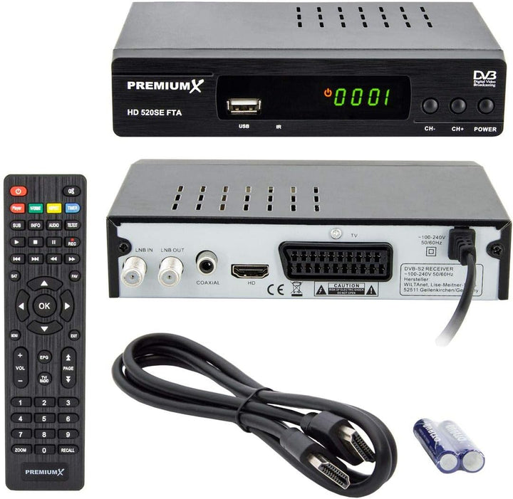 PremiumX Satelliten-Receiver HD 520SE FTA Digital SAT TV Receiver DVB-S2 FullHD HDMI SCART 2X USB Mu