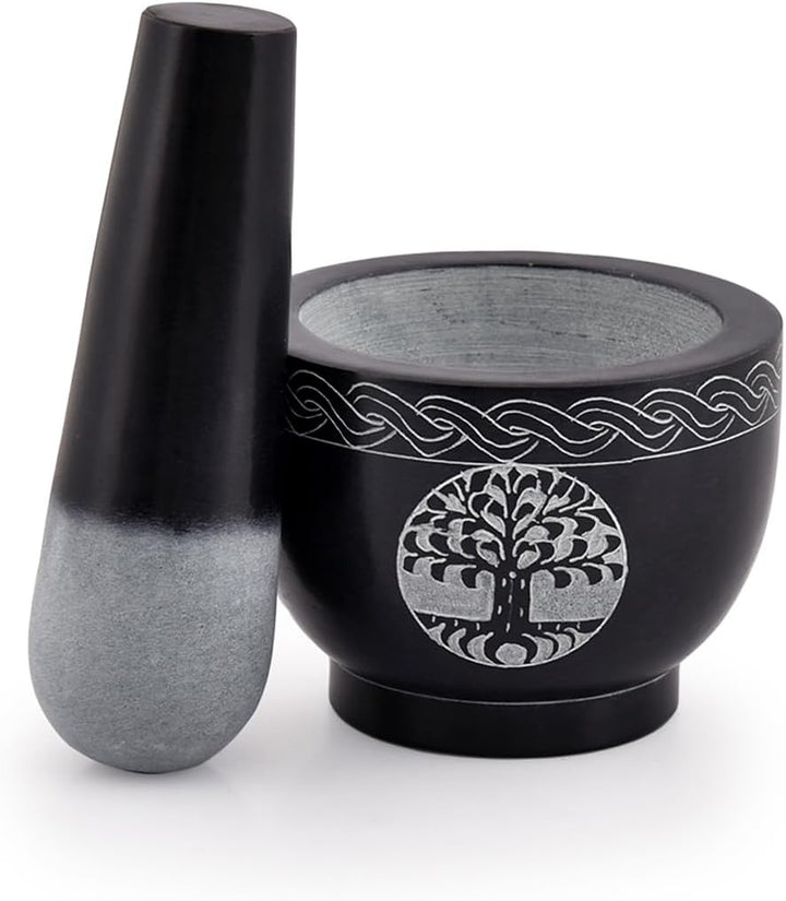 Samhita Tree of Life Mörser und Stössel, Naturstein, Durchmesser 9,5 x 7 cm, Stössel 12,7 x 3,8 cm