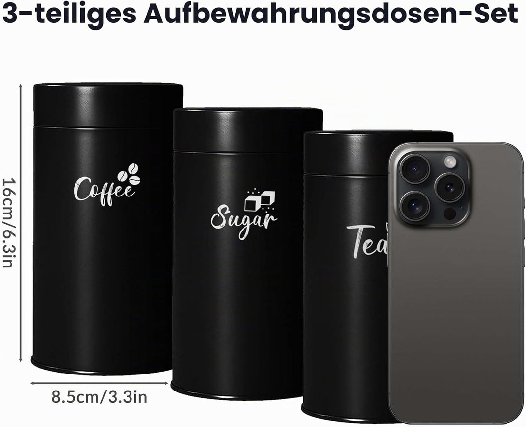 Daily Treasures 3er-Set Schwarze Teedosen mit Doppelverschluss, Aromadichte Edelstahl-Behälter für K