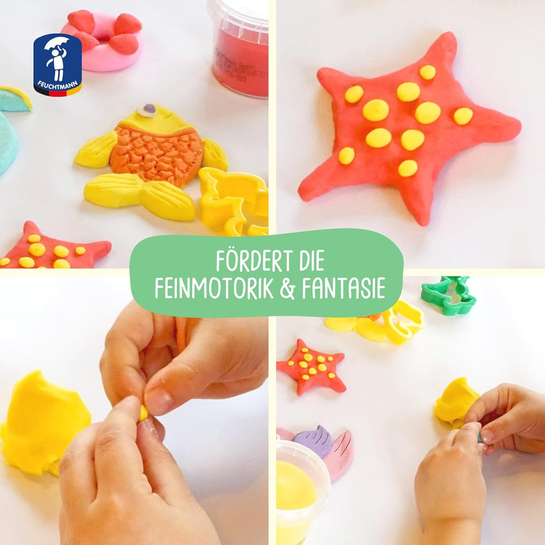 Feuchtmann KINDER SOFT KNETE Basic Plus - 6 x 150g weiche Kinderknete mit Zubehör, ungiftig, vegan u