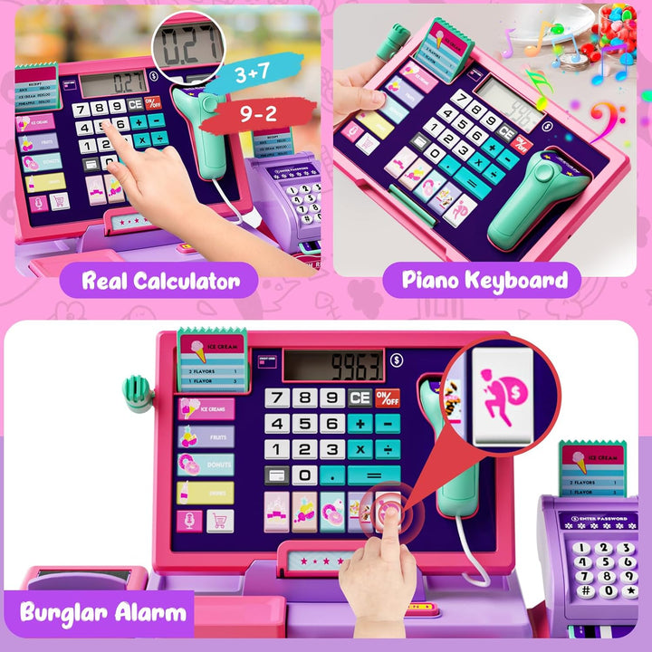 Kinderkasse Registrierkasse Spielzeug Lernspielzeug Set mit Scanner & Musik Funktion (Rosa Lila) Lil