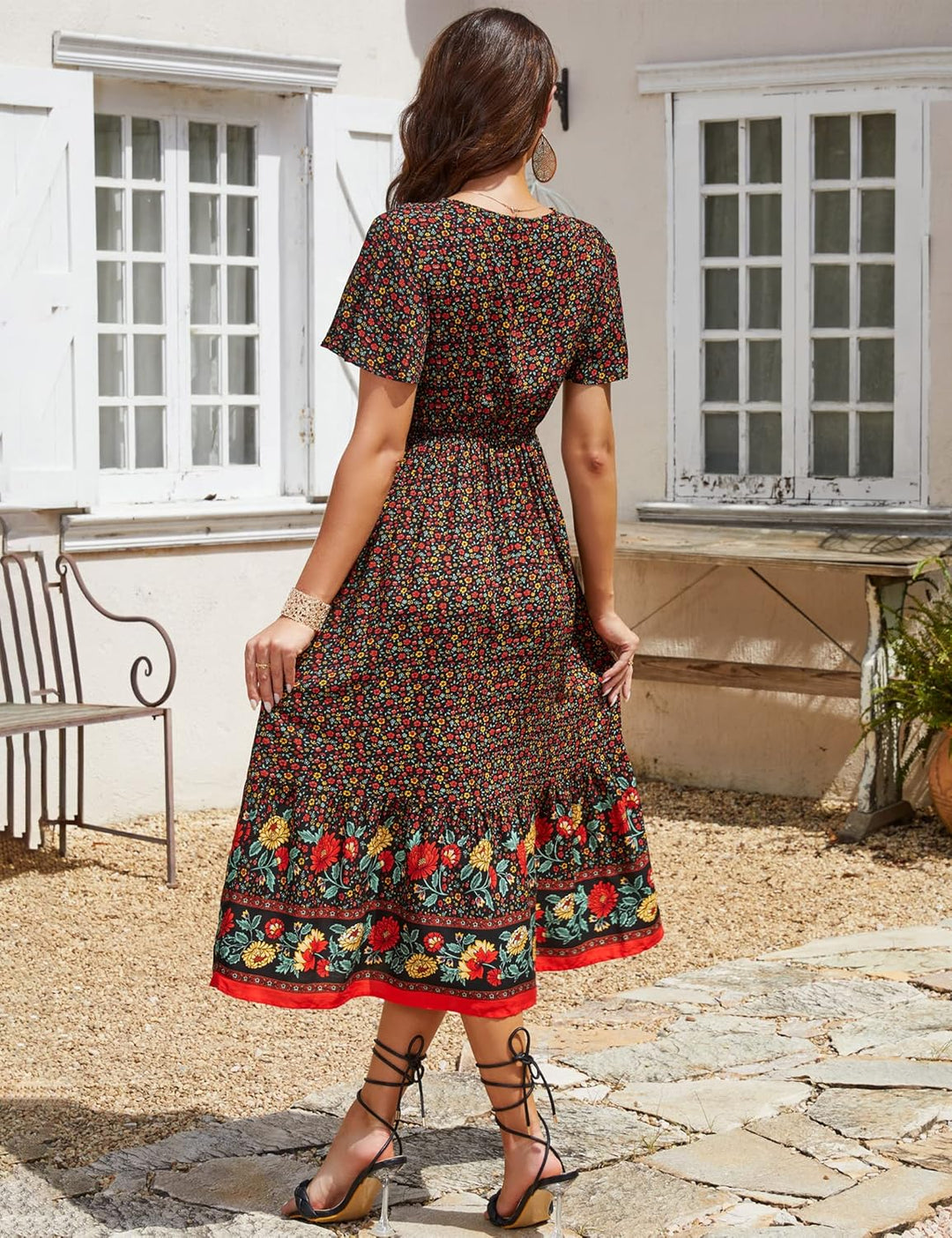 Clearlove Damen Sommerkleid Boho Kurzarm Midi Kleider V-Ausschnitt Strandkleid lang Blumenkleid Rüsc