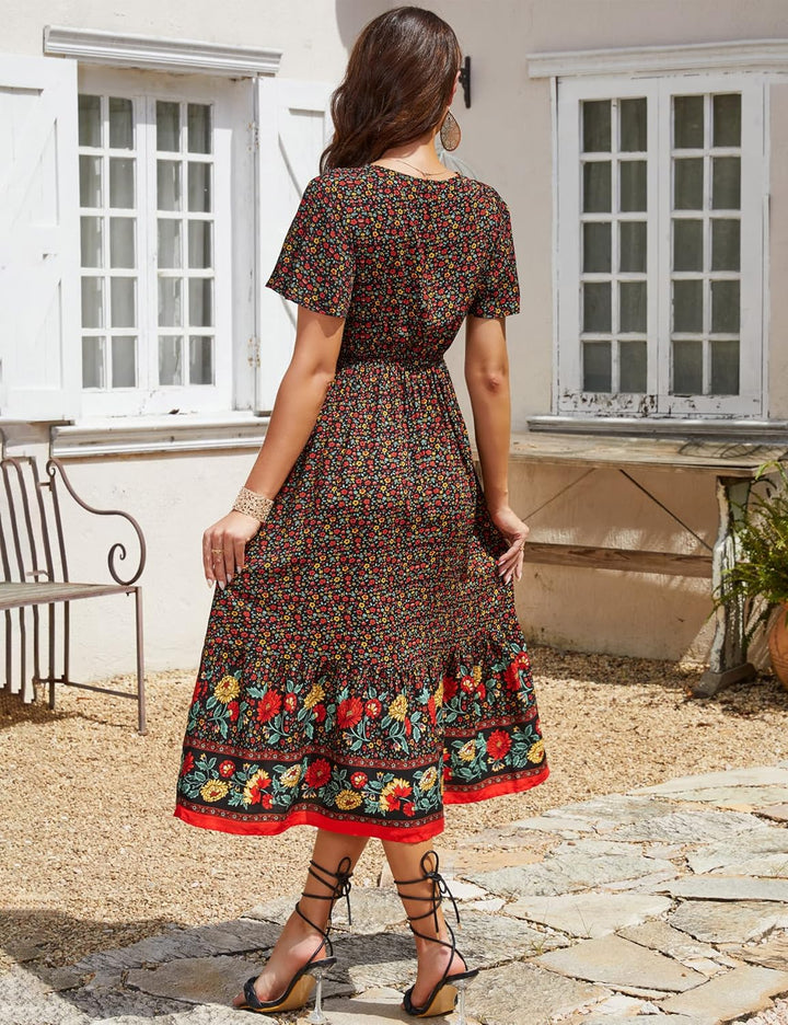 Clearlove Damen Sommerkleid Boho Kurzarm Midi Kleider V-Ausschnitt Strandkleid lang Blumenkleid Rüsc