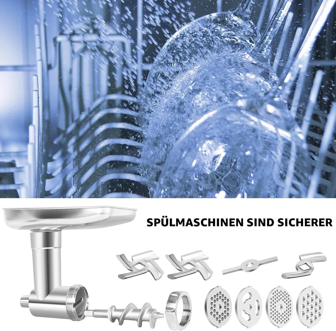 Edelstahl Fleischwolf für KitchenAid Mixer, Fleischwolfaufsatz für Kitchenaid Standmixer, spülmaschi