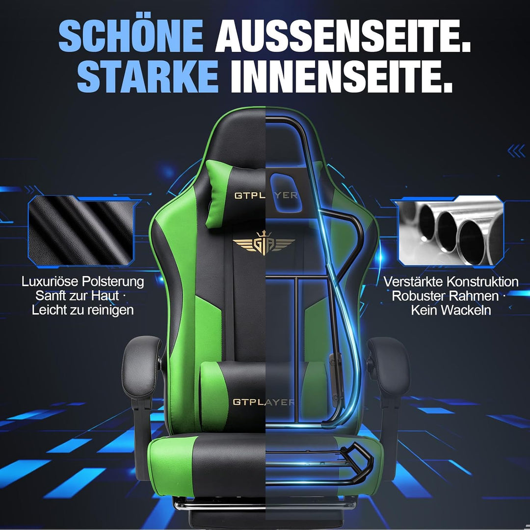 GTPLAYER Gaming Stuhl Chair Gamer Sessel - Ergonomischer Gamer Stuhl mit Fussstütze Kopfstütze und L