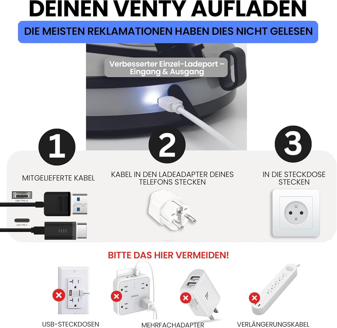 VENTY Tragbarer Ventilator - Faltbarer Ventilator Akku mit Transporttasche, Ladeanschluss und USB-An