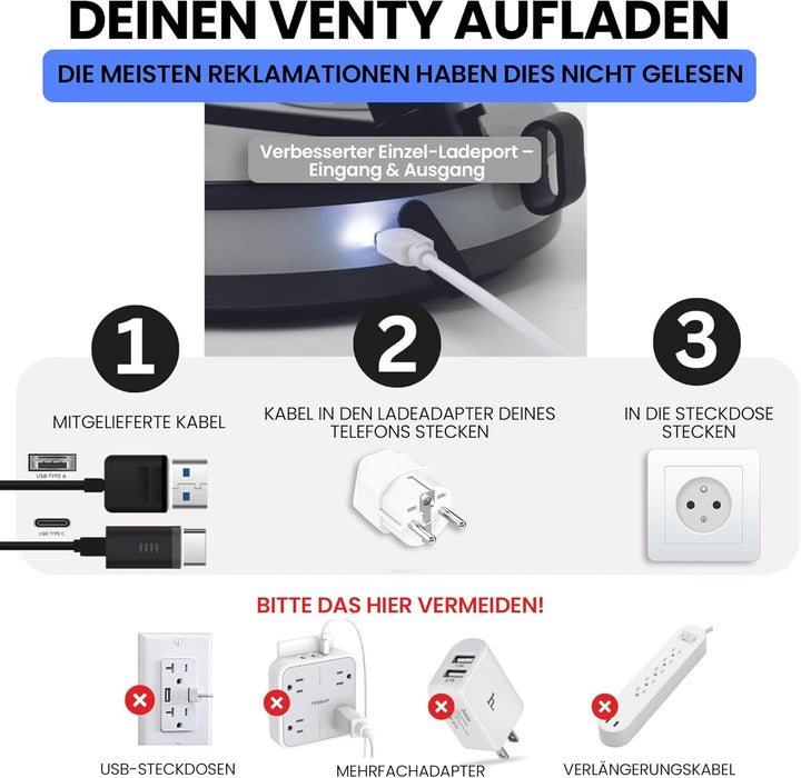 VENTY Tragbarer Ventilator - Faltbarer Ventilator Akku mit Transporttasche, Ladeanschluss und USB-An