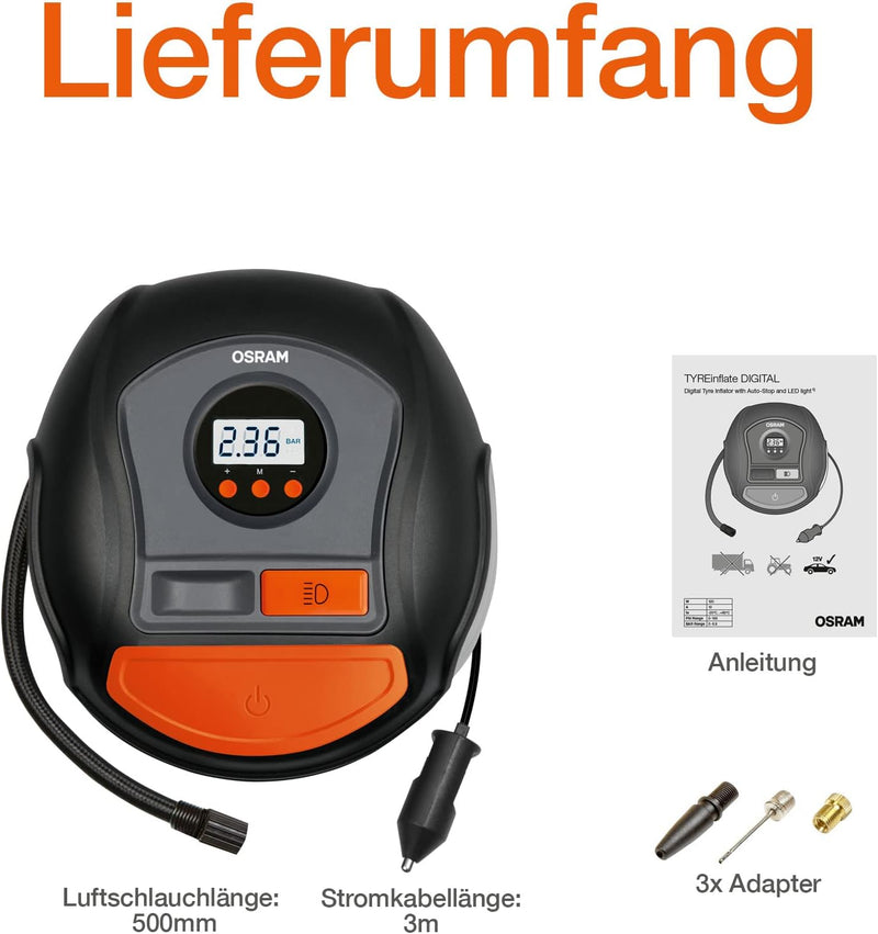 OSRAM TYREinflate DIGITAL, 12V Luftkompressor, tragbarer Kompressor, Auto-Stopp, LED Licht, elektris