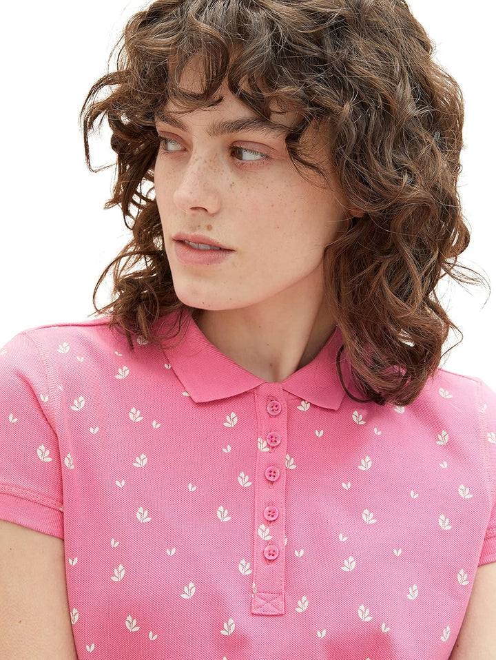 TOM TAILOR Damen Basic Slim Fit Polo Shirt L 32659 - Pink Floral Design, L 32659 - Pink Floral Desig