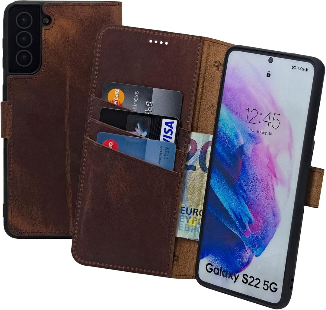 Suncase Book-Style Hülle kompatibel mit Samsung Galaxy S22 5G Leder Tasche (Slim-Fit) Lederhülle Han