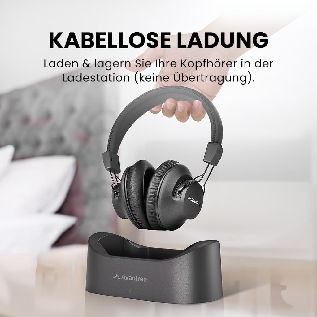 Avantree Audition 3 – Bluetooth 5.3 Over Ear Funkkopfhörer mit kabelloser Ladestation, kompatibel mi