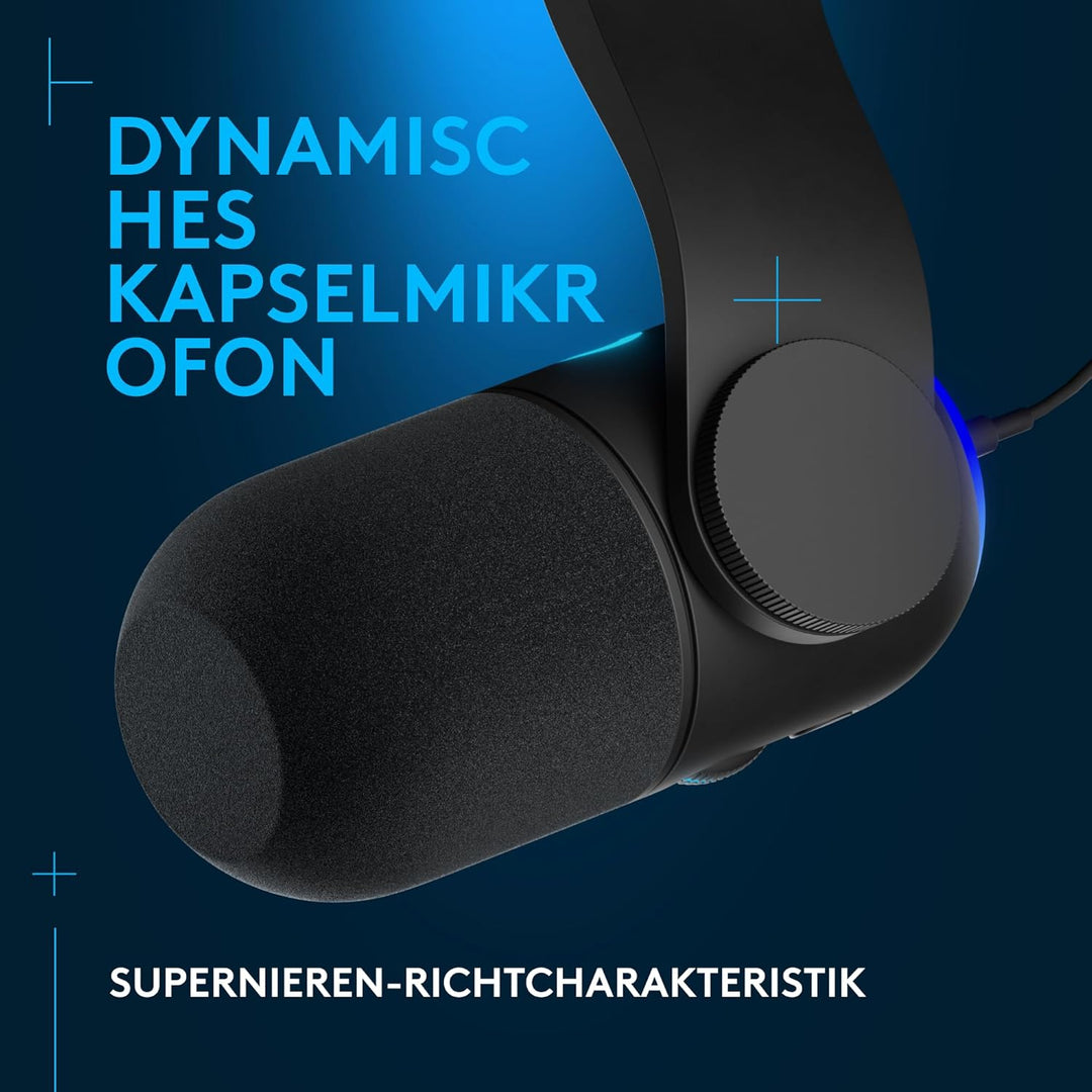 Logitech G Yeticaster GX Dynamic Supercardioid Gaming-Mikrofon mit Schwenkarm, RGB-Beleuchtung und L