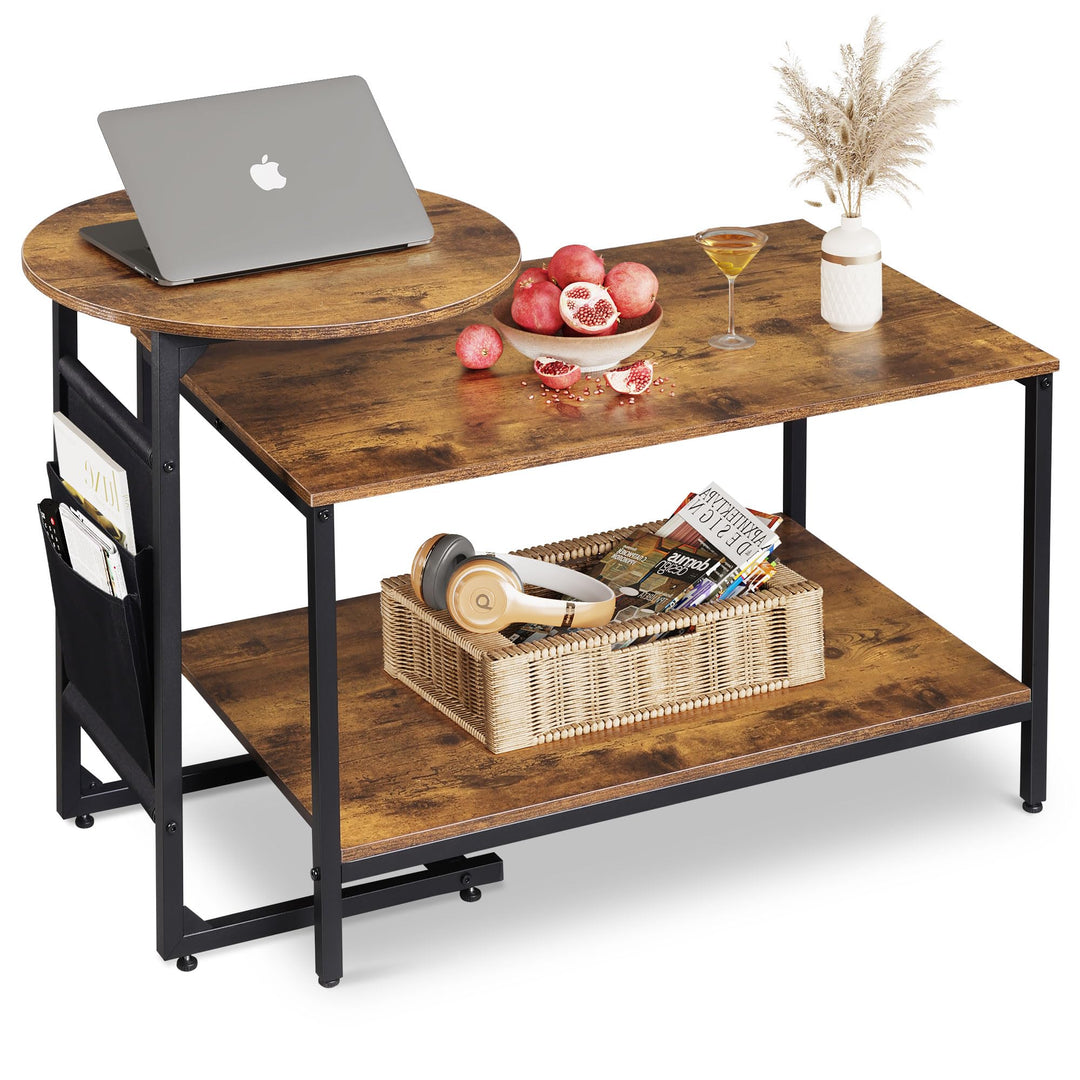 WLIVE Couchtisch Rund mit 2 Ebenen, Wohnzimmertisch Holz, Stubentisch mit Metallrahmen, für Wohnzimm