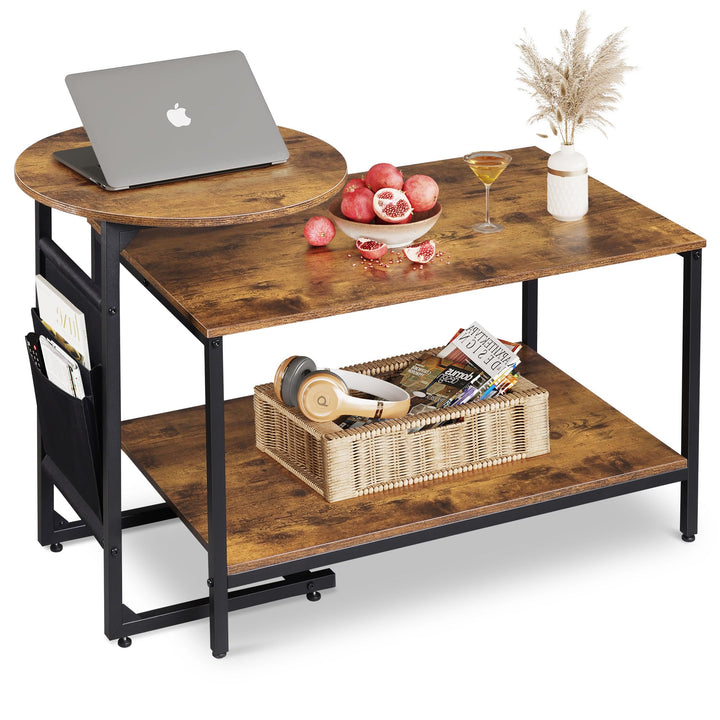 WLIVE Couchtisch Rund mit 2 Ebenen, Wohnzimmertisch Holz, Stubentisch mit Metallrahmen, für Wohnzimm