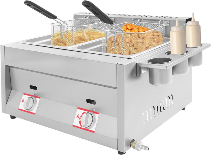 Kommerzielle Gas Fritteuse 10L+10L Doppeltank, Edelstahl Frittiermaschine mit 2 Frittierkörben & Dec