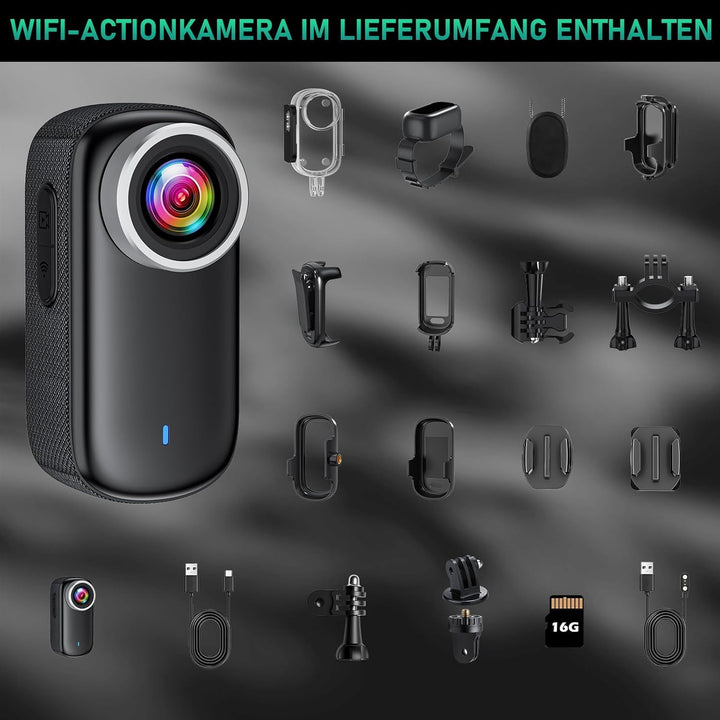 Action Kamera WiFi 4K, Wasserdicht Mini Action Helmkamera, 150° WiFi Sport Actionkamera mit 1,47-Zol