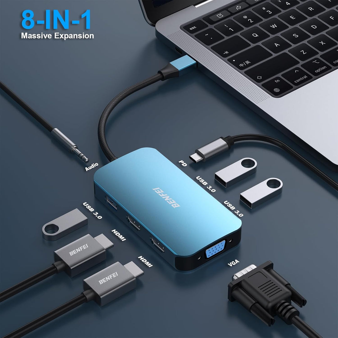 BENFEI USB C MST HUB 8-in-1, USB-C HUB mit USB-C zu 2*HDMI/1*VGA, USB-C zu 3*USB 3.0/100W Power Deli