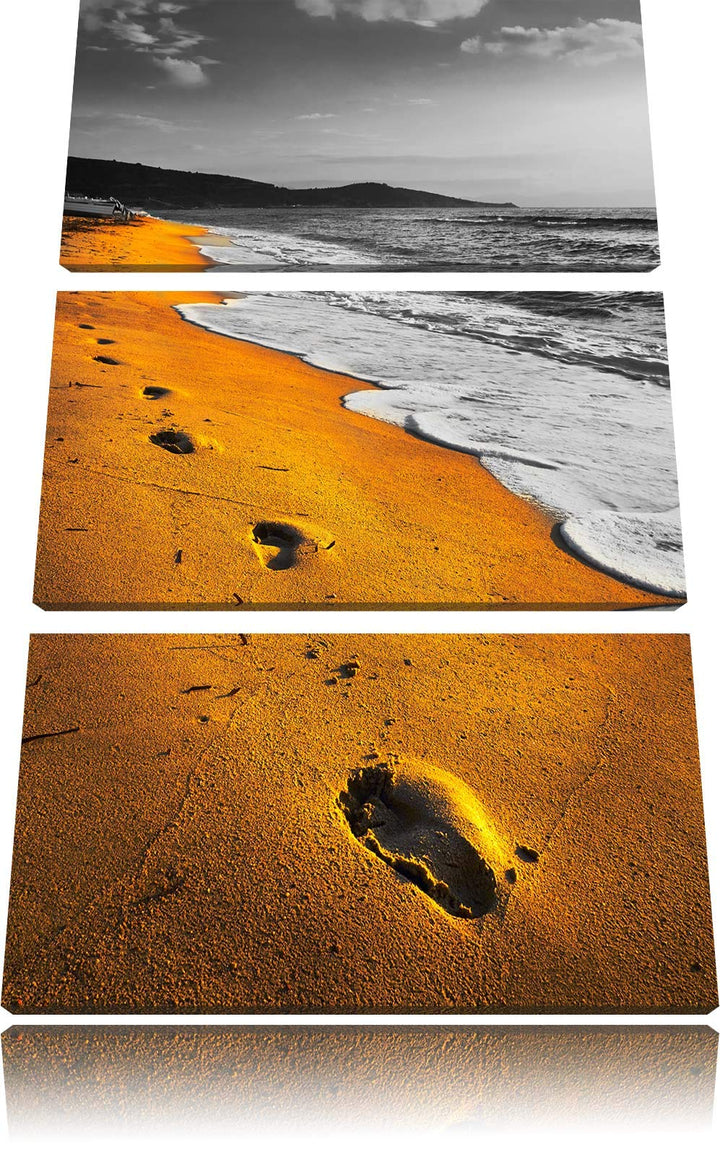 Spuren Im Sand am weiten Meer schwarz/weiss 3-Teiler Leinwandbild 120x80 Bild auf Leinwand, XXL ries