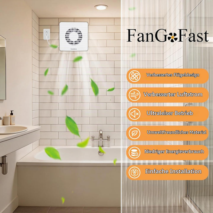 FanGoFast Badlüfter 100mm, 120m³/h Abluftventilator Leiser mit Rücklaufklappe, Leistungsstarke Wandv
