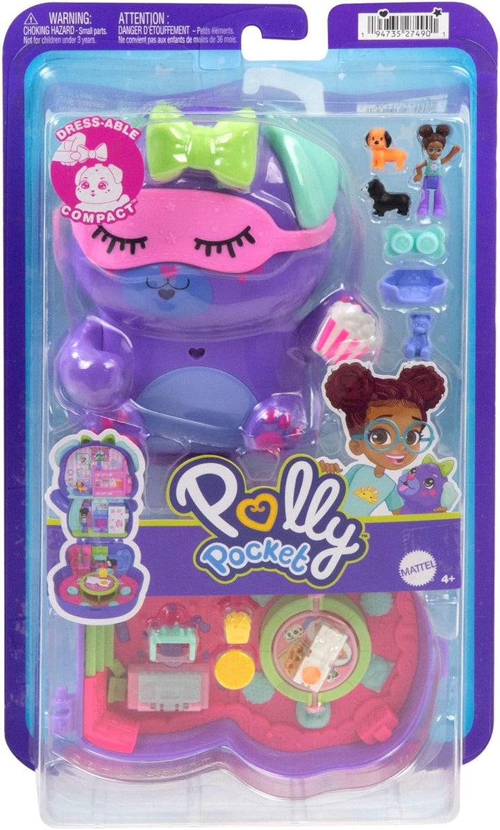 Polly Pocket Puppen und Spielset, Übernachtungsparty-Welpen-Schatulle, Spielzeug für unterwegs mit 1