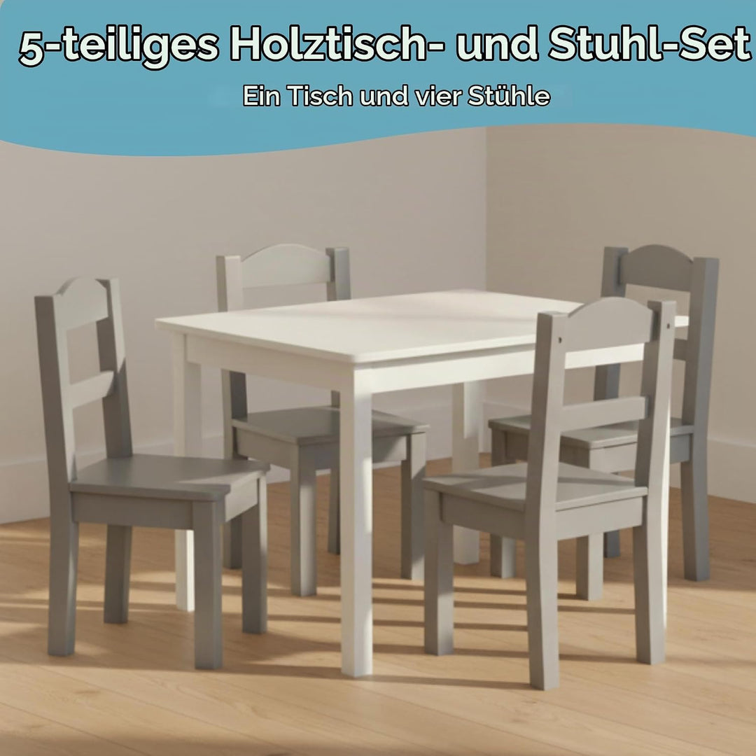 Humble Crew schicker Holztisch für Kinder, Weiss/Grau! Mit 4 Stühlen, ideal für Kinderzimmer. Jetzt