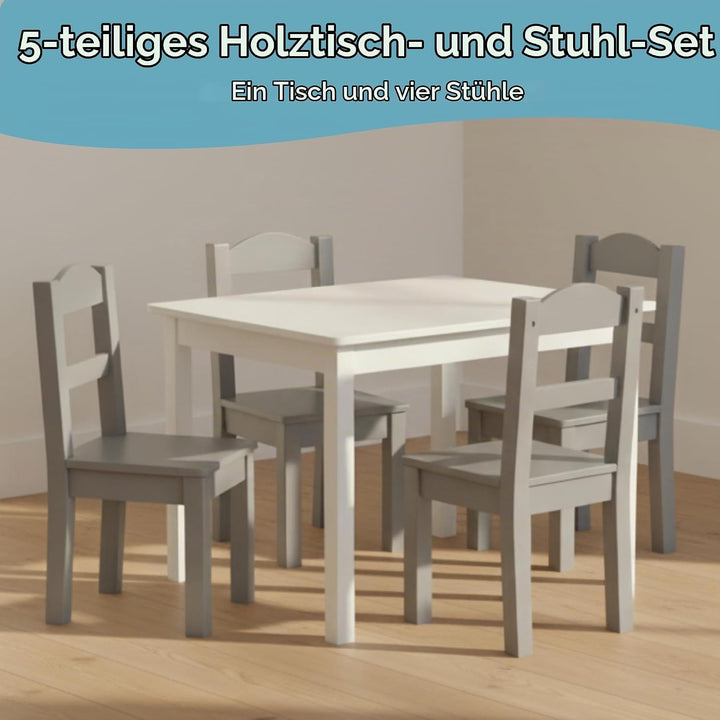 Humble Crew schicker Holztisch für Kinder, Weiss/Grau! Mit 4 Stühlen, ideal für Kinderzimmer. Jetzt