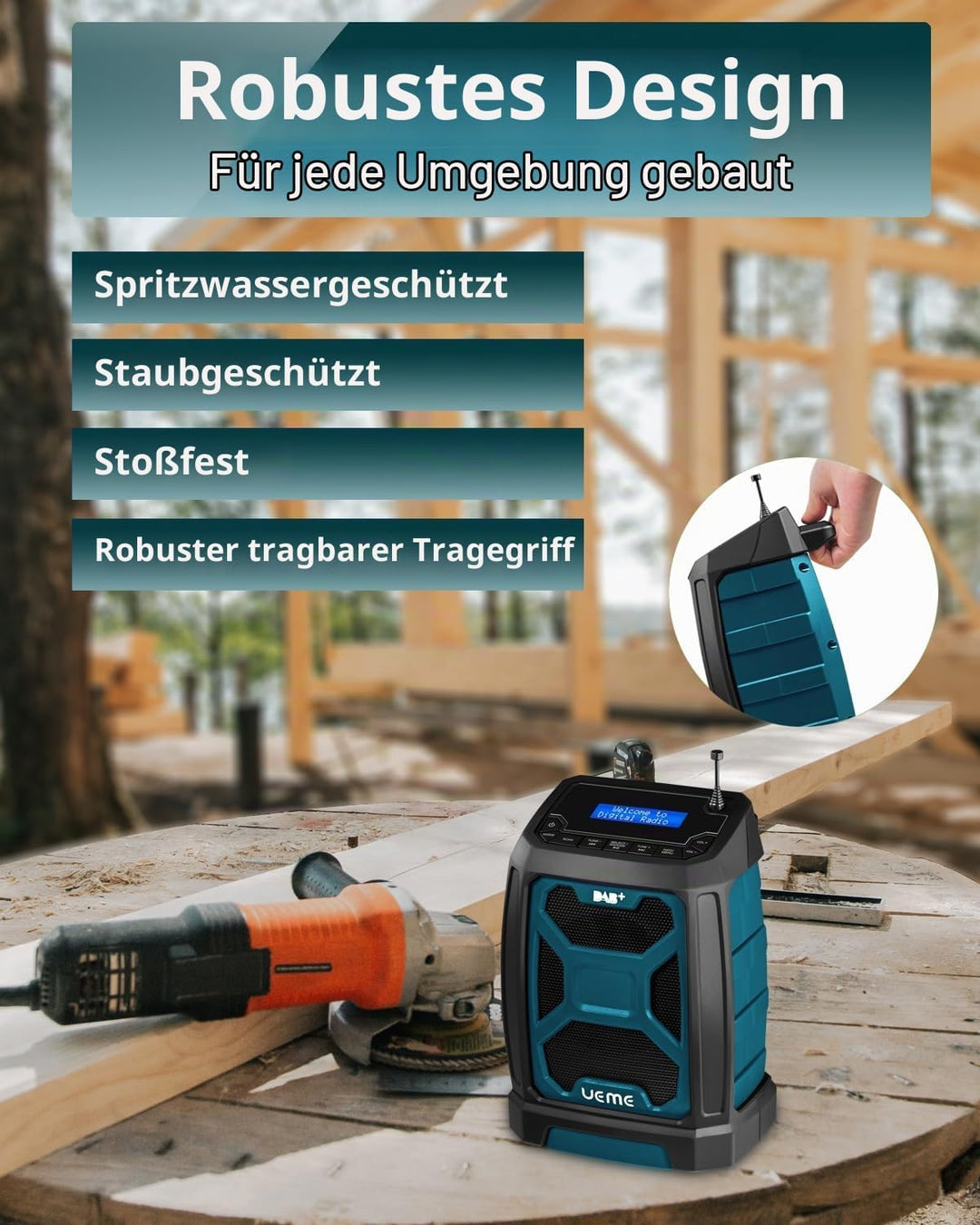 Baustellenradio DAB Mit Akku Aufladbar (6000mAh), DAB+, FM Radio, Bluetooth 5.0, Dual Radiowecker, A