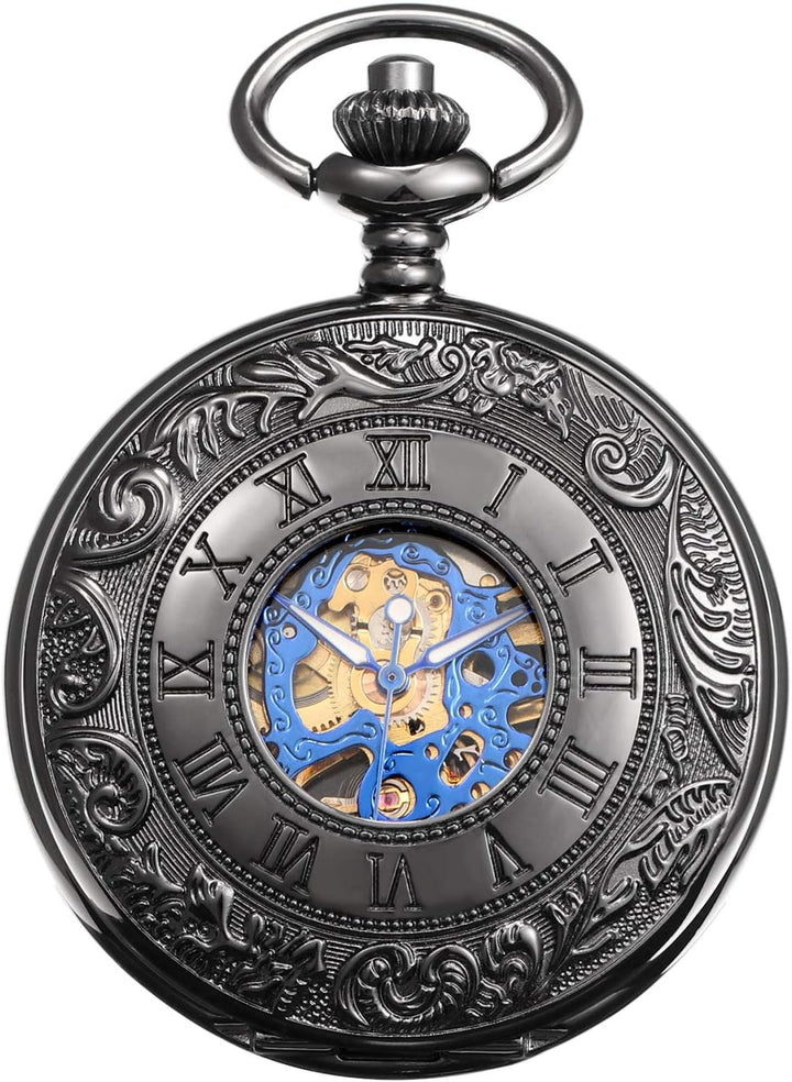 TREEWETO Unisex Taschenuhr mit Kette Mechanische Handaufzug Doppelscharnier Antik Skelett Römische Z