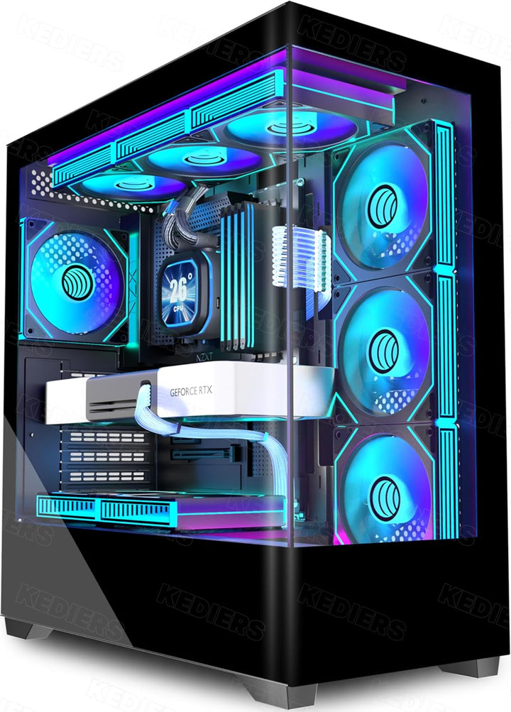 KEDIERS PC Gehäuse Vorinstallierter 7 × 120MM PWM ARGB Lüfter, ATX Mid Tower PC Gehäuse, Computergeh