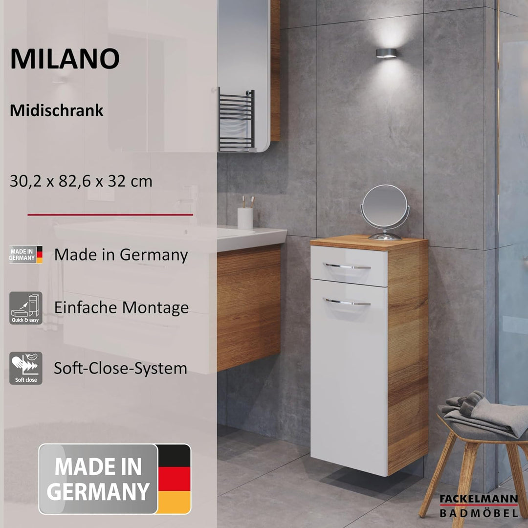FACKELMANN Milano Midischrank mit Tür und Schublade – Schrank für Badezimmer (30,5 cm x 83 cm x 32 c