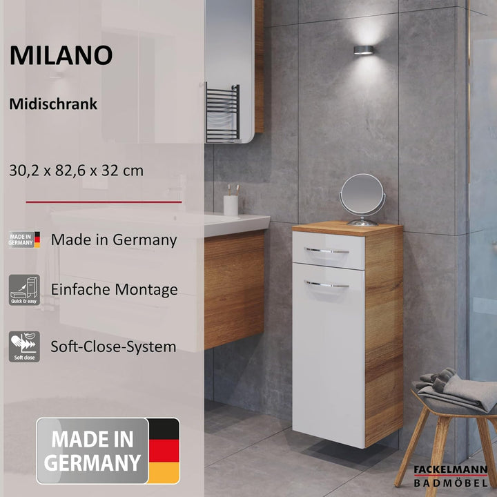 FACKELMANN Milano Midischrank mit Tür und Schublade – Schrank für Badezimmer (30,5 cm x 83 cm x 32 c