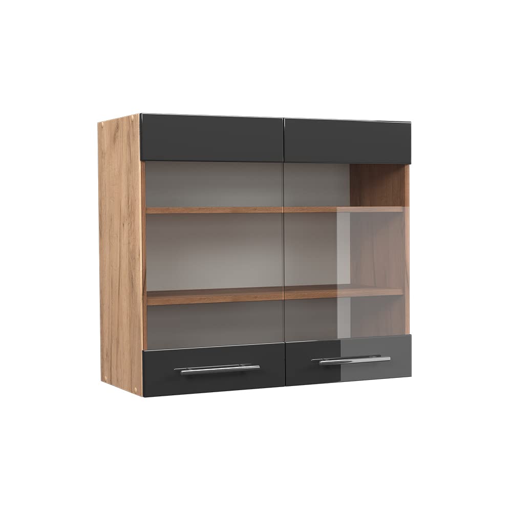 Vicco Küchenschrank Glas Fame-Line, Anthrazit Hochglanz/Goldkraft Eiche, 80 cm Hängeglasschrank 80 c
