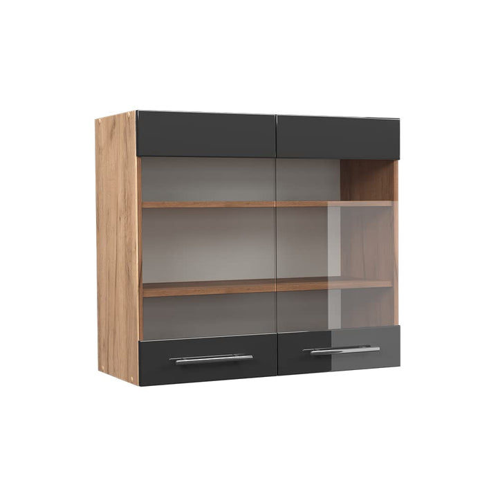 Vicco Küchenschrank Glas Fame-Line, Anthrazit Hochglanz/Goldkraft Eiche, 80 cm Hängeglasschrank 80 c